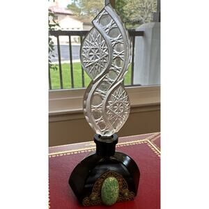 c1930 Czech Art Deco Crystal Perfume Bottle Black w/Brass Trim Malachite Rare